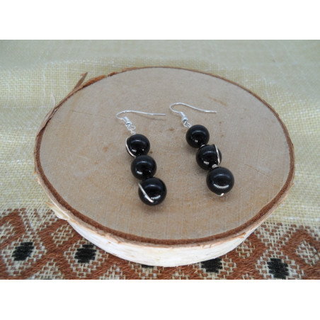 Boucles d'oreilles Triple Perles Obsidienne Oeil Céleste