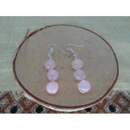 Boucles d'oreilles Triple Perles Quartz Rose