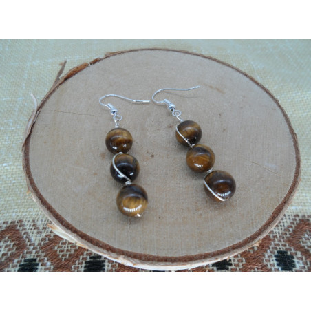 Boucles d'oreilles Triple Perles Oeil de Tigre